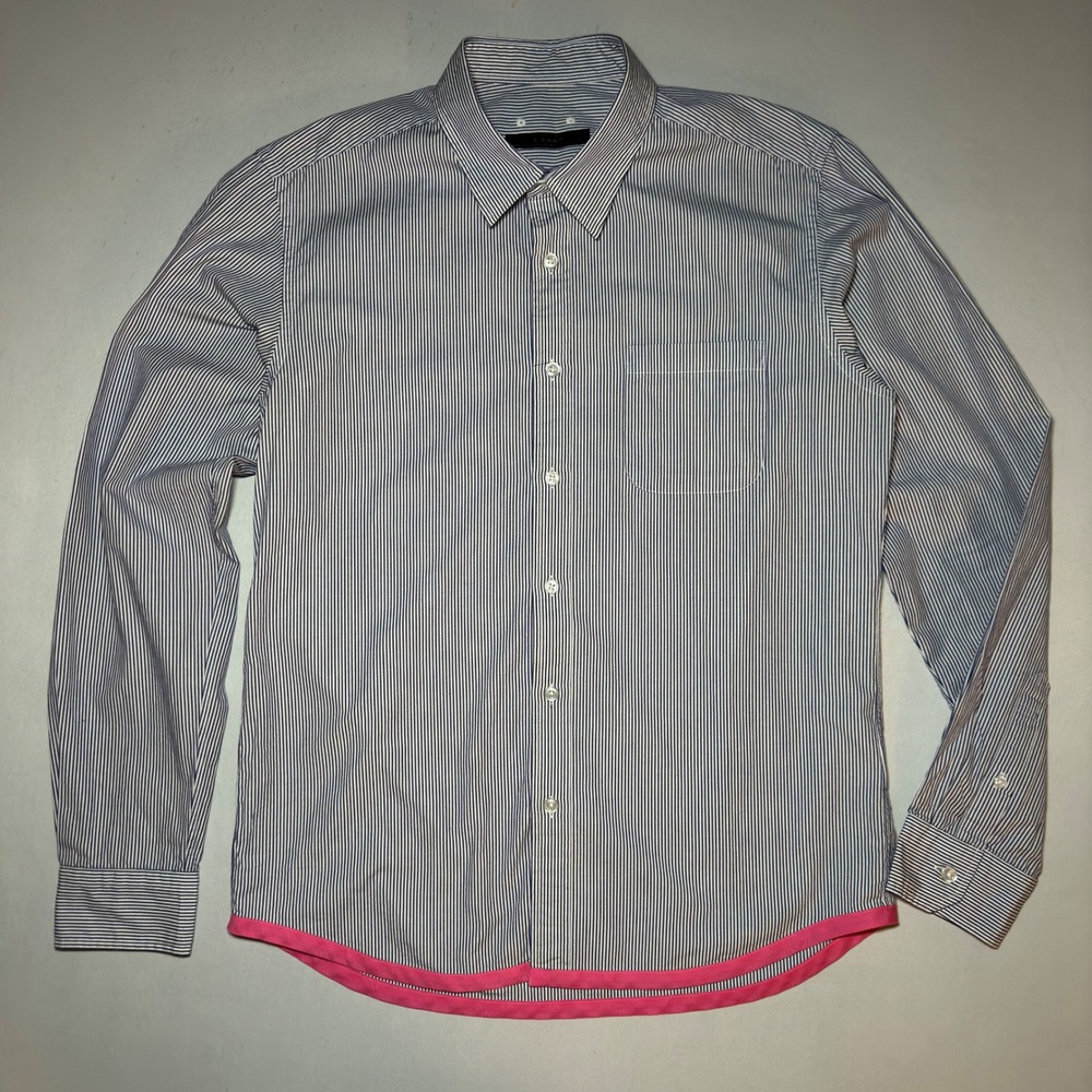 SOPHNET JP Button Shirt Mens Large‎ Blue Striped Pink Hem Made in Japan Elegant